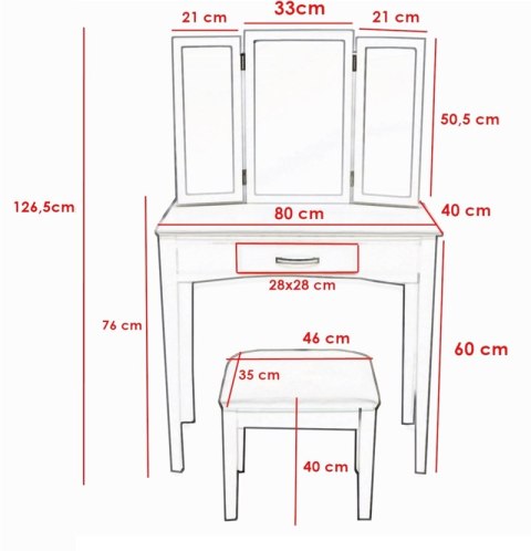 Toaletka kosmetyczna 3 lustra biała + taboret Toaletka kosmetyczna 3 lustra biała + taboret
