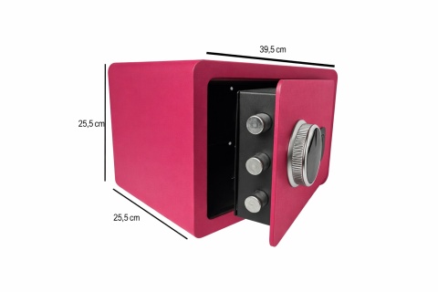 Różowy sejf biurowy na kod i klucz odcisk palca
