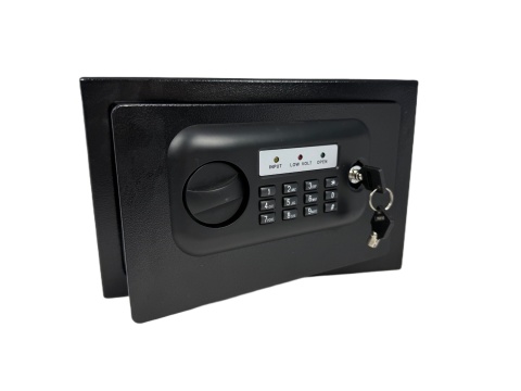 Czarny kompaktowy sejf biurowy na kod i klucz