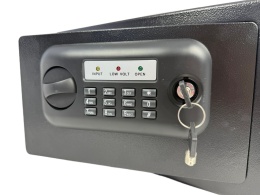 Czarny kompaktowy sejf biurowy na kod i klucz