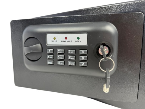 Czarny kompaktowy sejf biurowy na kod i klucz