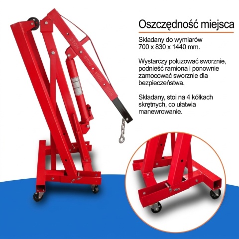 Składany hydrauliczny żuraw warsztatowy / podnośnik do silników 2000 kg, czerwony, BITUXX