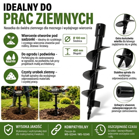 Świder do ziemi / sadzenia / ślimakowy do urządzenia wiertniczego 100x400 mm