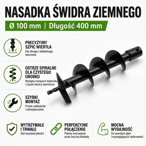 Świder do ziemi / sadzenia / ślimakowy do urządzenia wiertniczego 100x400 mm