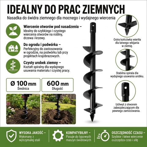 Świder do ziemi / świder ogrodowy / świder ślimakowy do urządzenia wiertniczego 100x600 mm