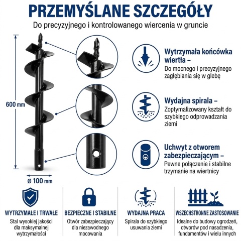 Świder do ziemi / świder ogrodowy / świder ślimakowy do urządzenia wiertniczego 100x600 mm