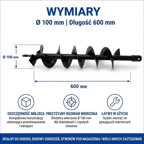 Świder do ziemi / świder ogrodowy / świder ślimakowy do urządzenia wiertniczego 100x600 mm