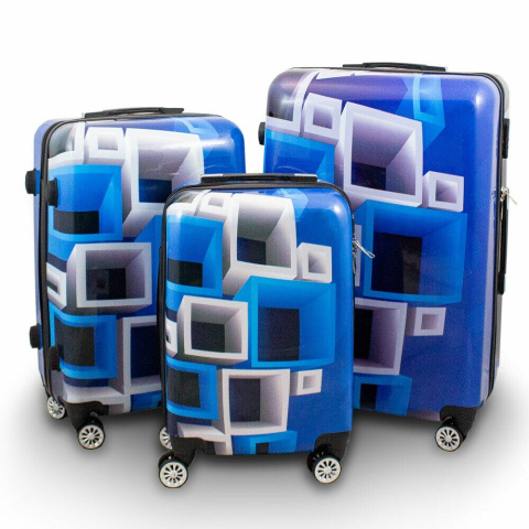 walizki zestaw niebieska w nieb/biale kwadraty